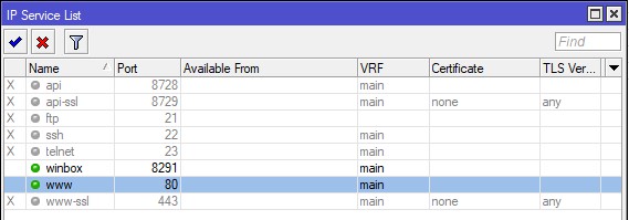 Активируем на Mikrotik Web-сервис: 80/tcp