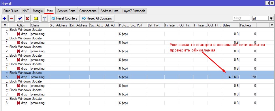 Правила на Mikrotik Firewall блокирующие доступ к WIndows Updates.
